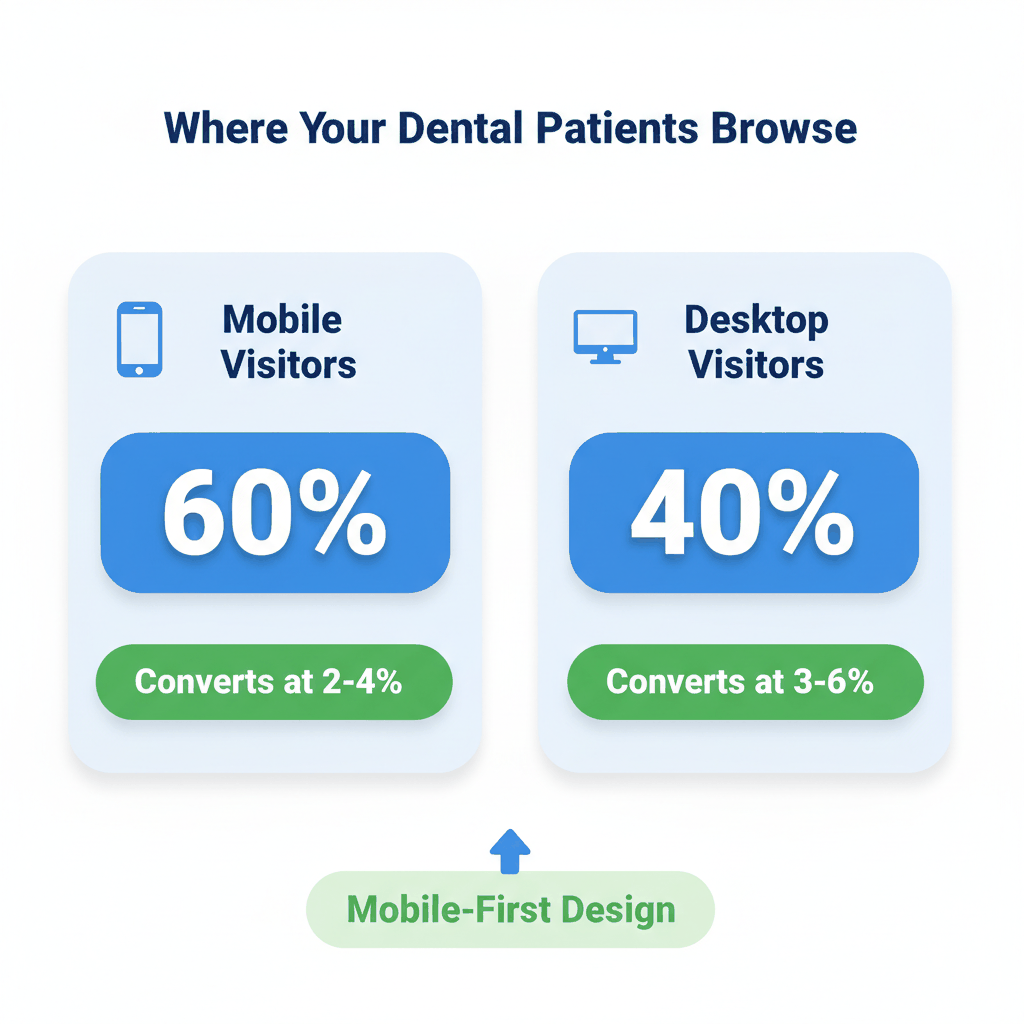 Mobile vs desktop dental website traffic and conversion rate comparison infographic - mobile-first dental website design