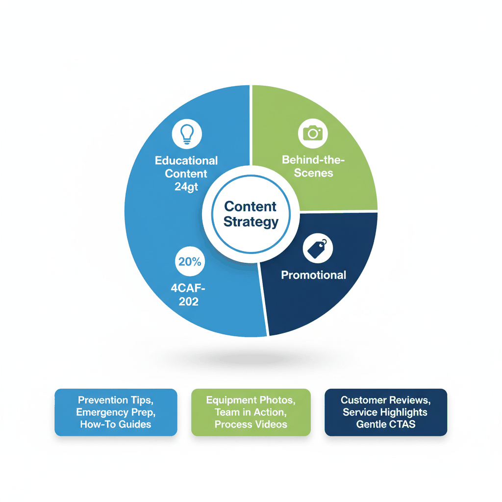 60-20-20 content strategy pie chart showing optimal social media post distribution for water damage restoration companies