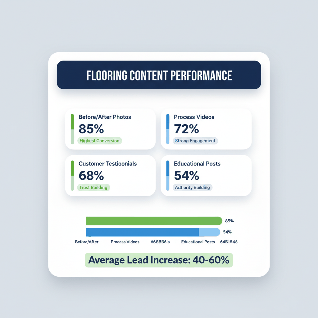 Flooring social media content performance dashboard showing engagement rates for before/after photos, videos, testimonials, and educational posts