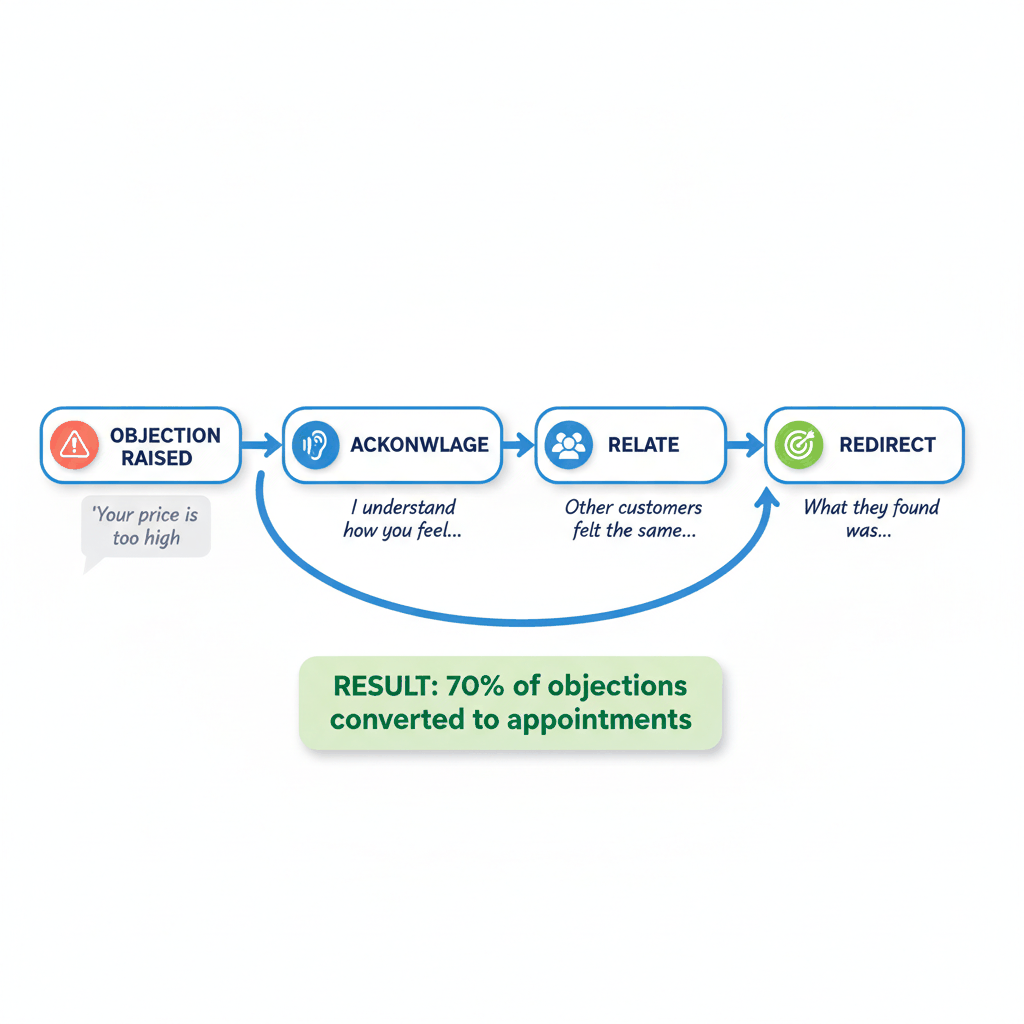 Four-step price objection handling process for painting contractors showing feel-felt-found method with 70% conversion rate