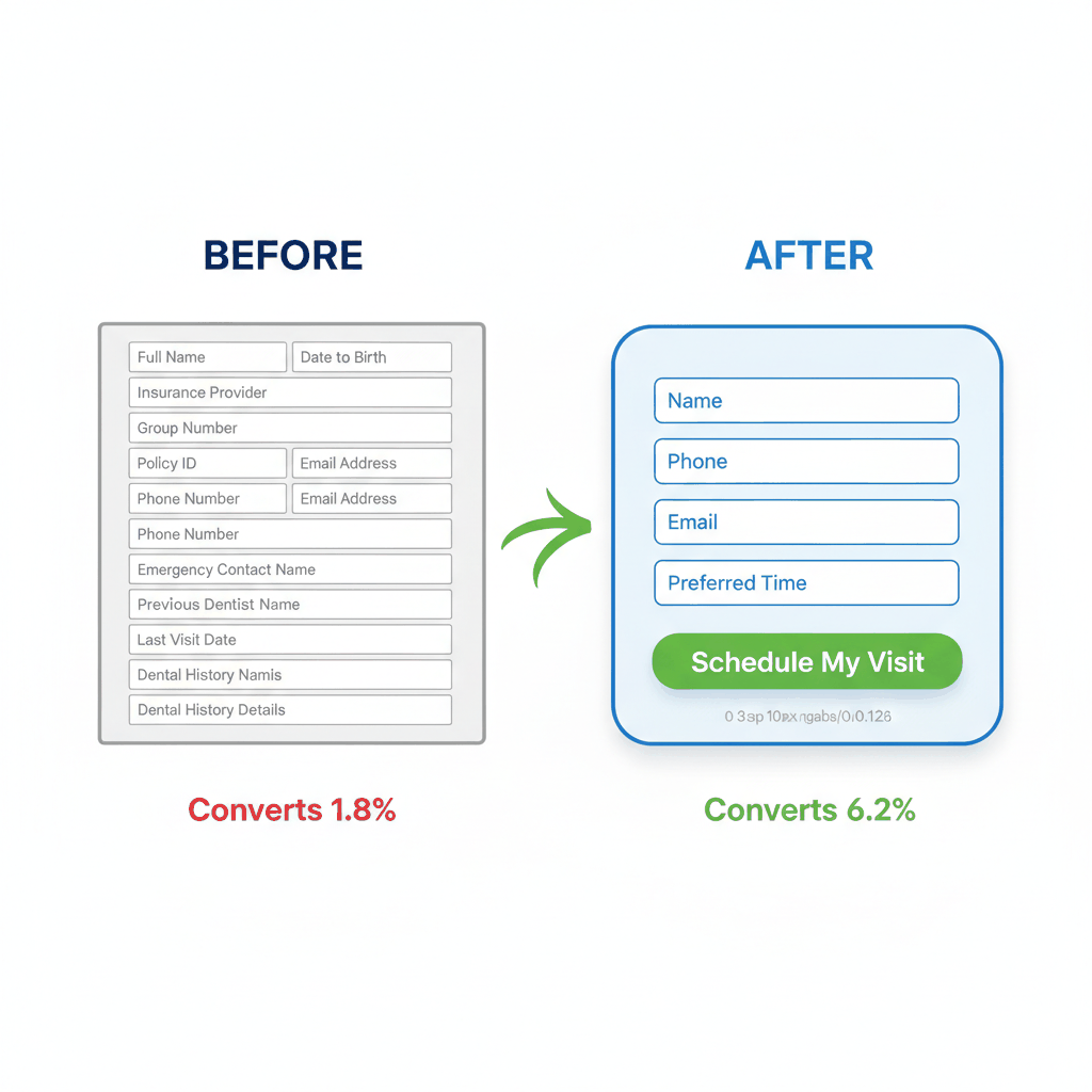 Before and after dental appointment booking form optimization showing simplified fields increase conversions - dental website booking optimization