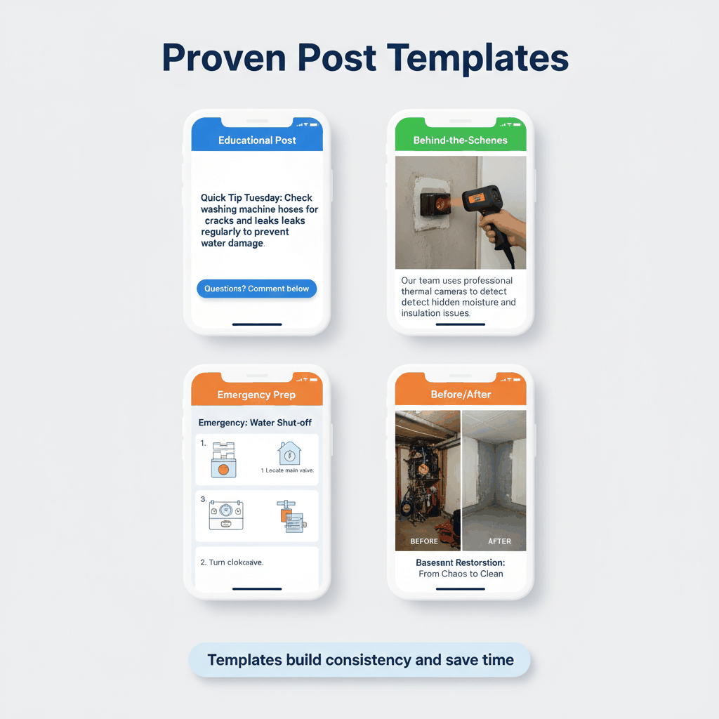 Four smartphone mockups showing water damage social media post templates for education, behind-scenes, emergency prep, and before-after content