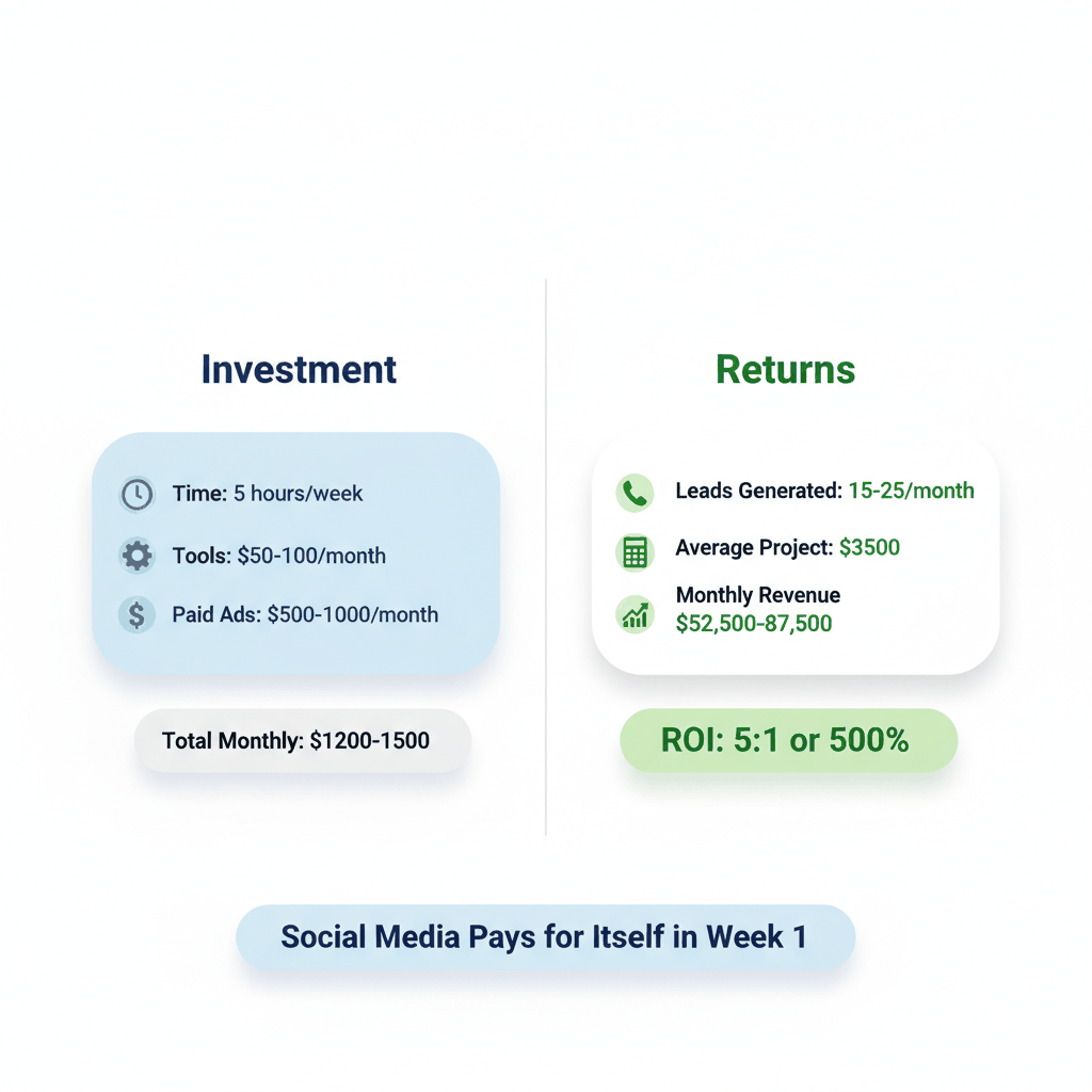 Flooring social media marketing ROI calculator showing investment costs versus revenue returns with 5:1 return ratio