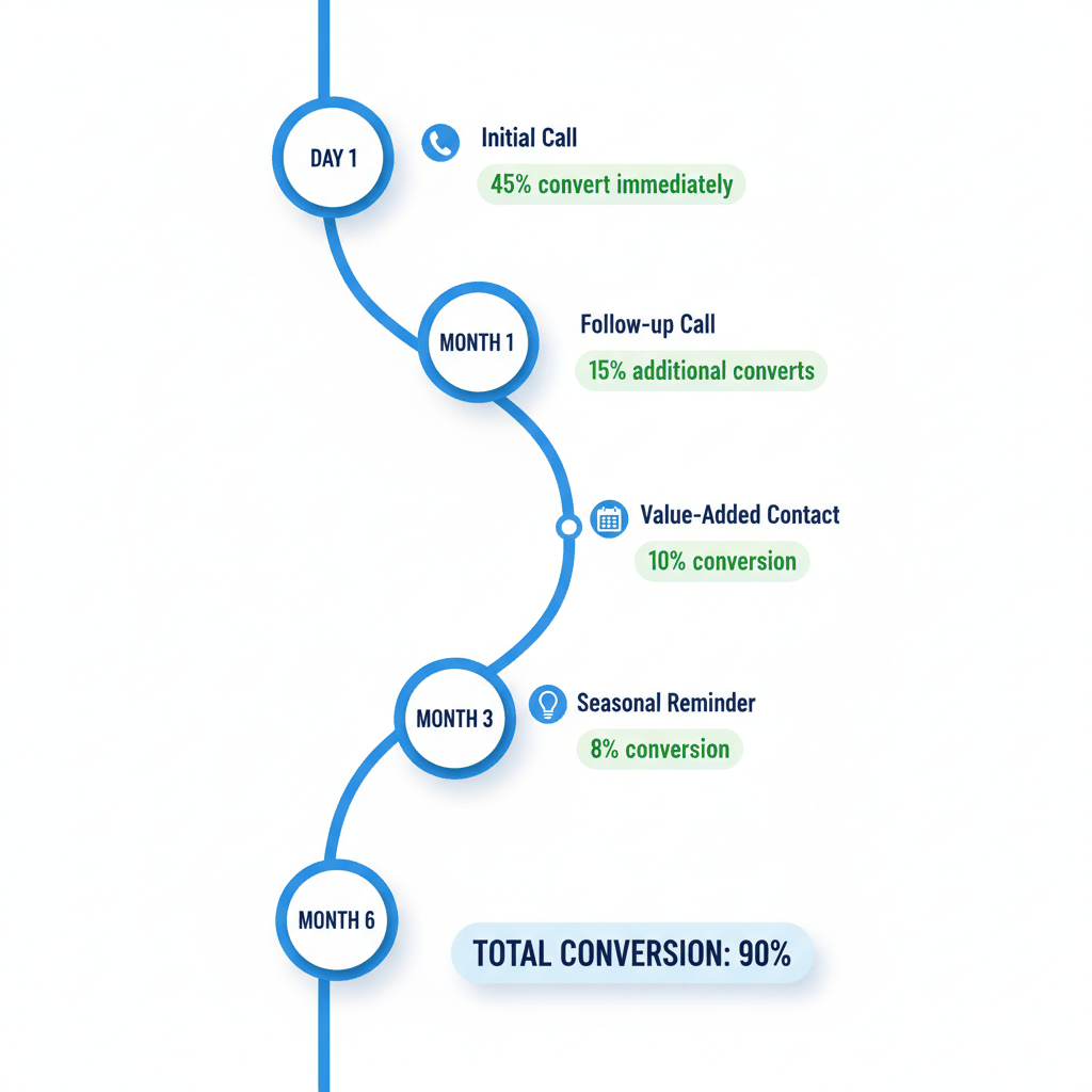 Painting contractor follow-up timeline showing systematic contact strategy achieving 90% total conversion rate over 6 months