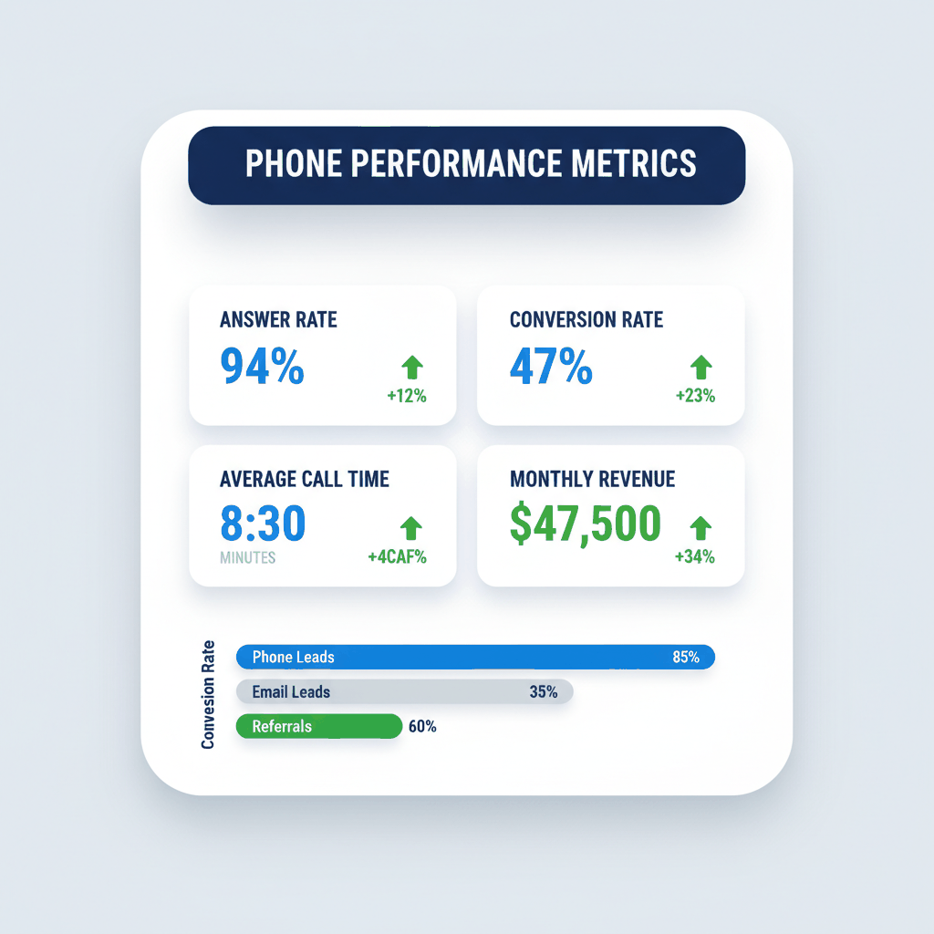 Painting contractor phone performance dashboard showing 94% answer rate, 47% conversion rate, and $47,500 monthly revenue metrics