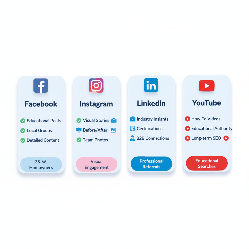 Platform-specific social media strategies comparing Facebook, Instagram, LinkedIn and YouTube for water damage restoration marketing