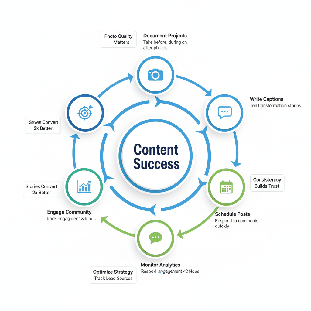 Six-step content creation workflow for flooring social media marketing from documentation to optimization