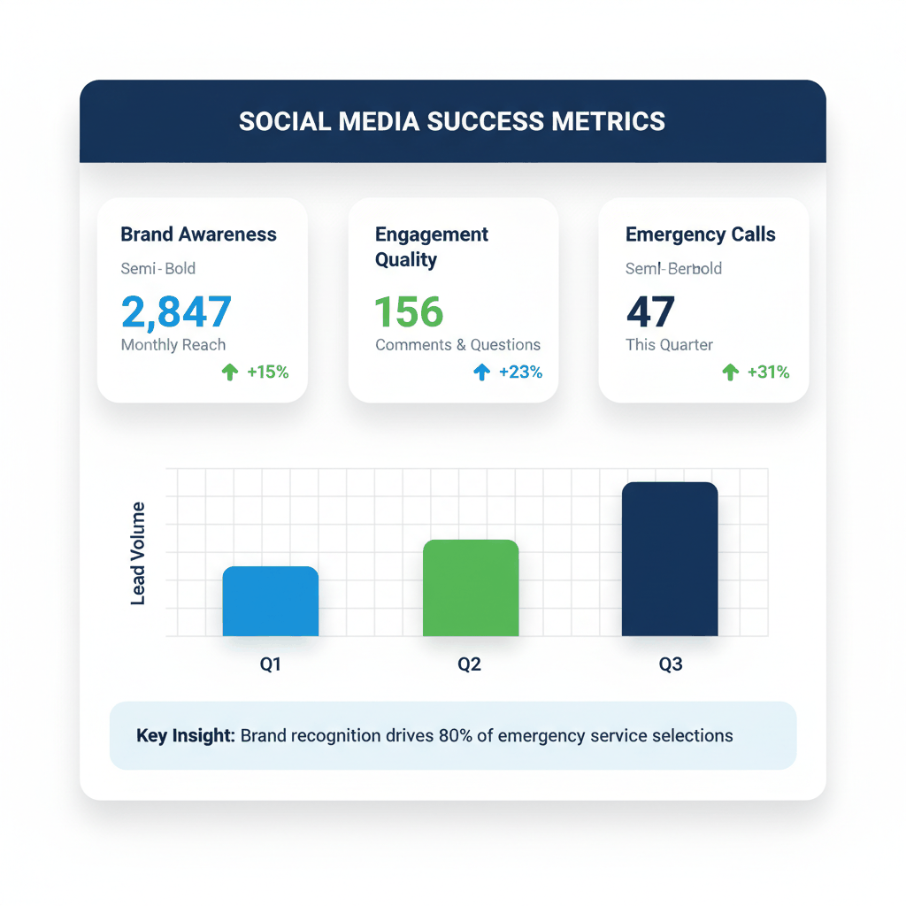 Social media success metrics dashboard showing brand awareness, engagement quality, and emergency call correlation for water damage companies