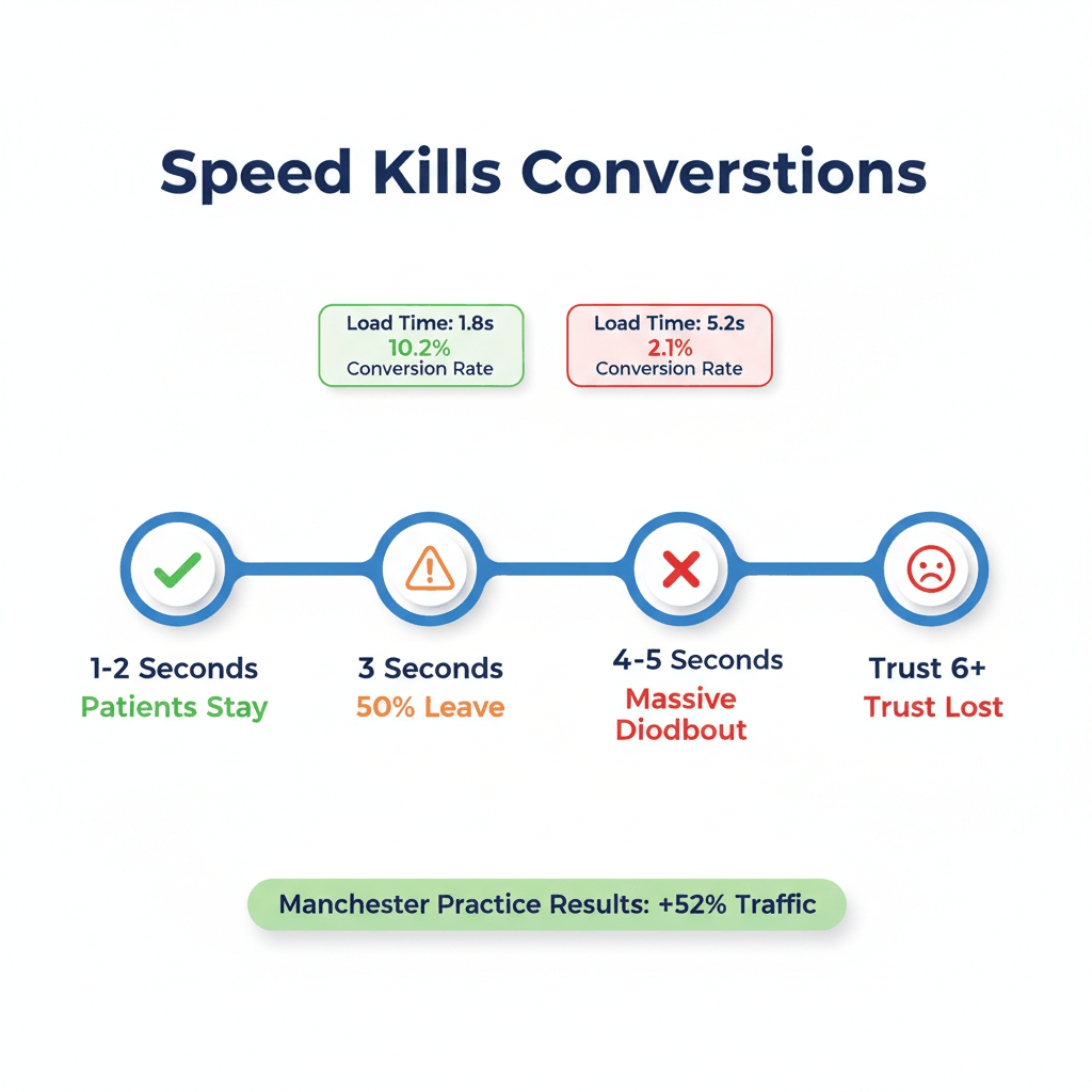 Website loading speed timeline showing patient dropout rates and conversion impact for dental practices - dental website speed optimization