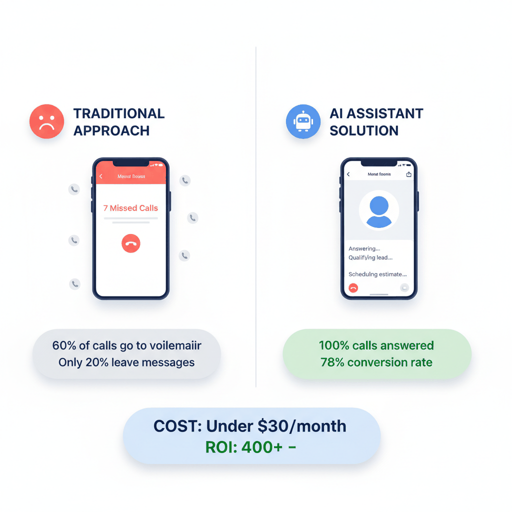 AI phone assistant technology comparison showing 100% call answer rate vs 60% missed calls traditional approach for painting contractors