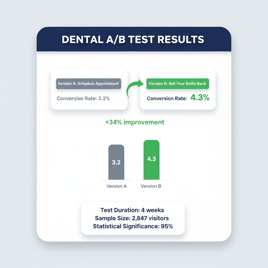 A/B testing results dashboard showing emotional vs clinical button text performance for dental appointments - dental website testing optimization