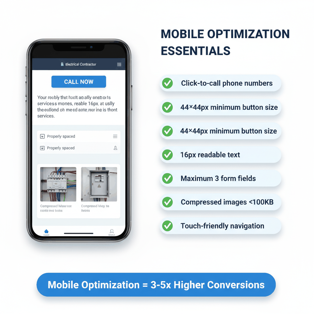 Mobile website optimization checklist for electrical contractors showing smartphone interface and essential mobile features for better conversions