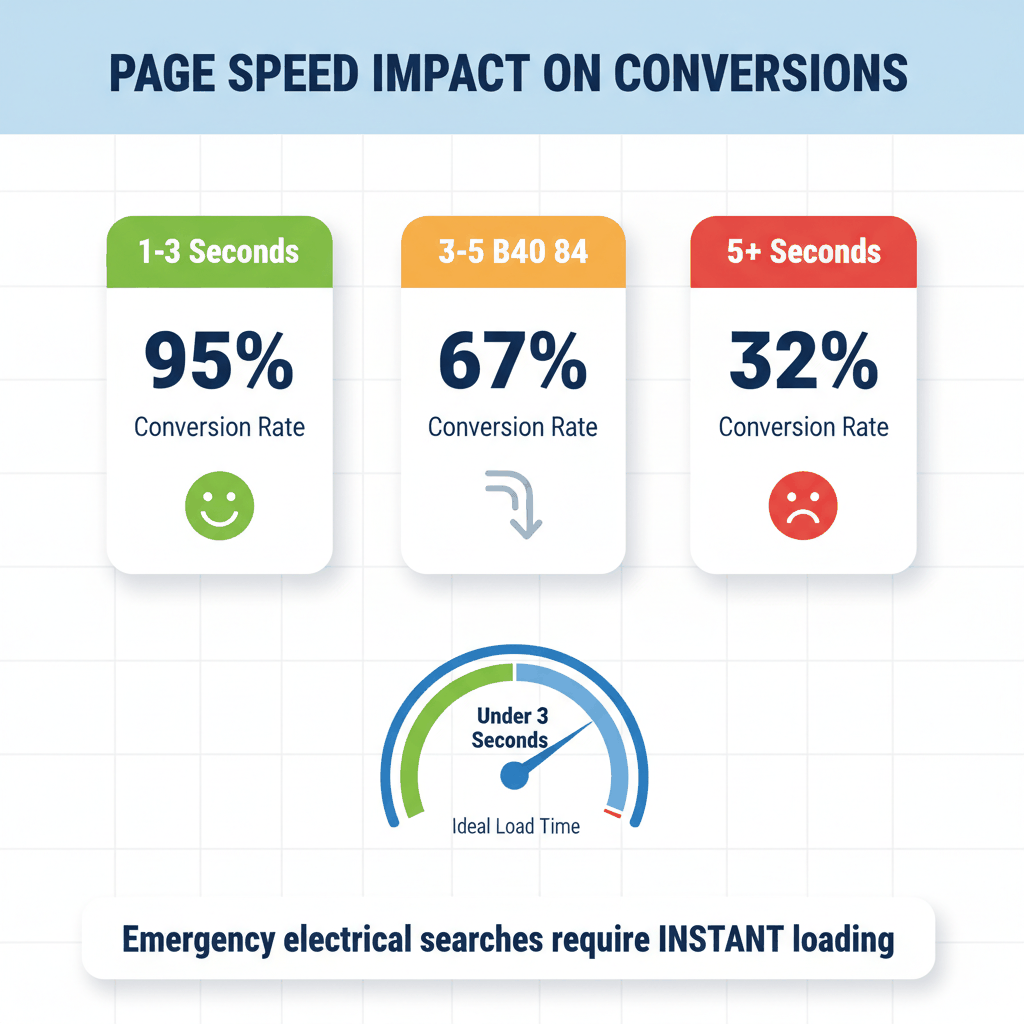 Page speed performance chart showing conversion rate drops from 95% to 32% as electrical contractor website loading time increases beyond 3 seconds