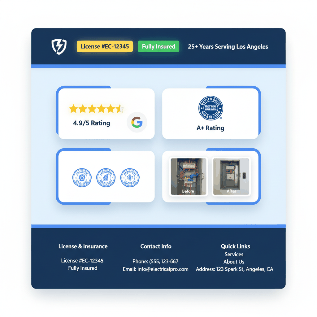 Trust signal implementation layout for electrical contractor websites showing license display, insurance badges, reviews, and certifications placement