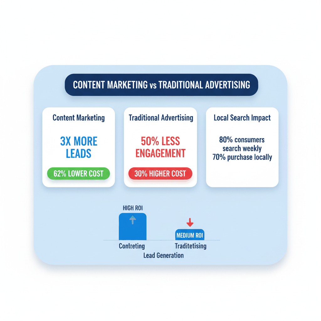 Content marketing ROI dashboard showing 3x more leads and 62% lower costs compared to traditional roofing advertising methods