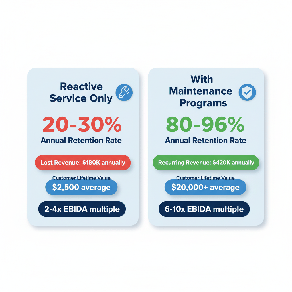 HVAC customer retention rates comparison - reactive service versus maintenance programs showing 96% retention rates and $20,000 lifetime customer value