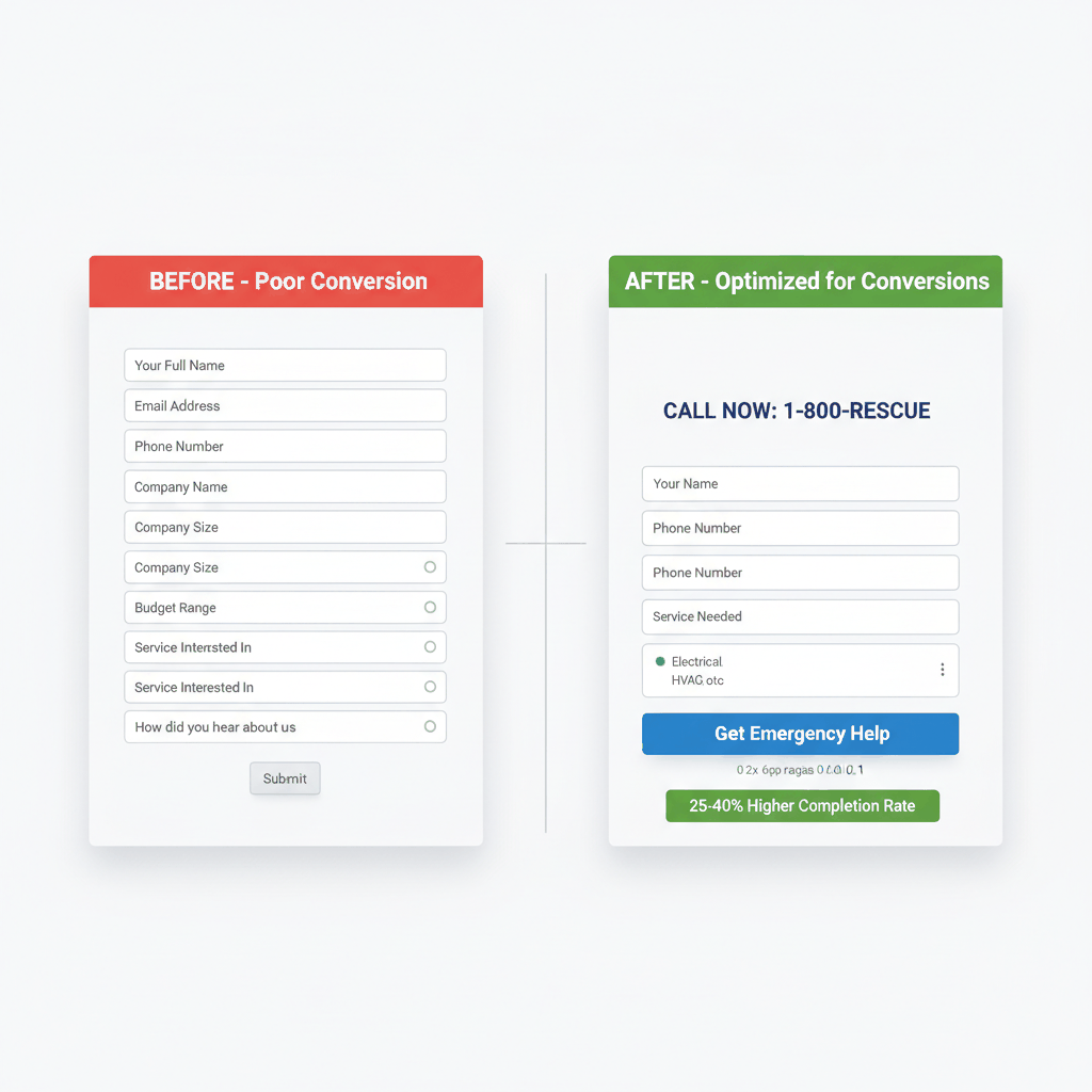 Contact form optimization before and after comparison showing complex 8-field form versus simple 3-field form with 25-40% higher completion rates