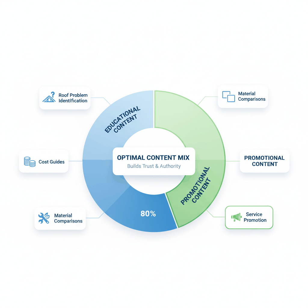 80/20 content strategy pie chart showing optimal balance of educational versus promotional roofing blog content