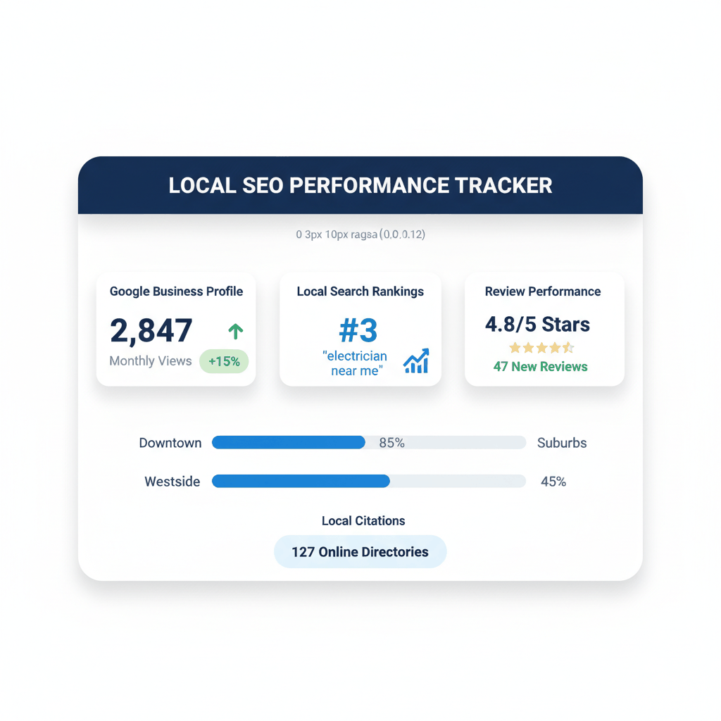 Local SEO performance dashboard for electrical contractors showing Google Business Profile views, search rankings, and review metrics with progress tracking