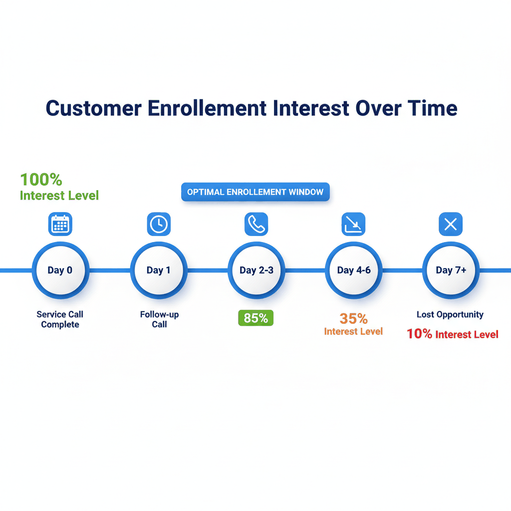 48-hour HVAC customer enrollment window timeline showing optimal follow-up timing for maintenance agreements with 85% interest rates