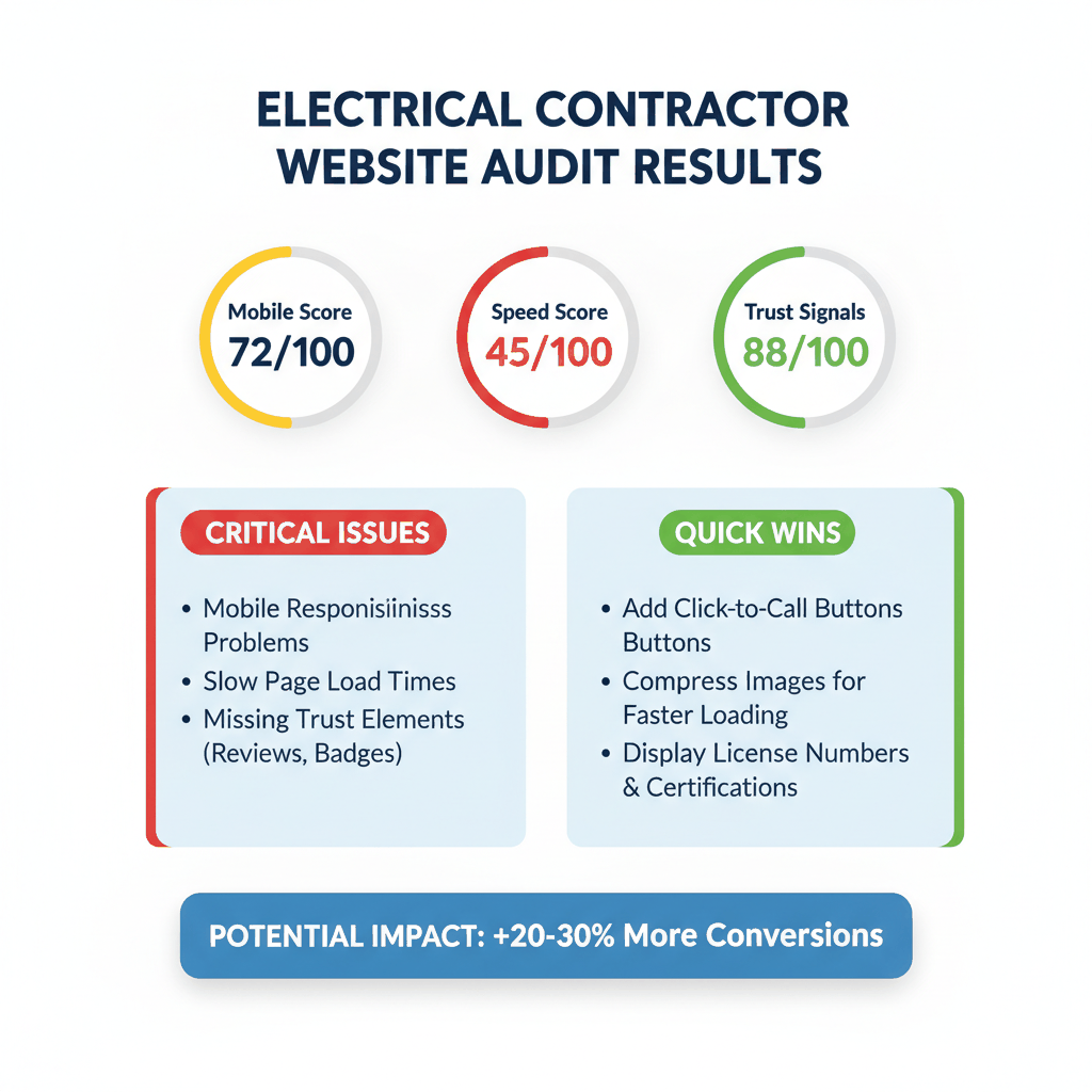 Website audit results summary showing mobile, speed, and trust signal scores with critical issues and quick wins for electrical contractor optimization