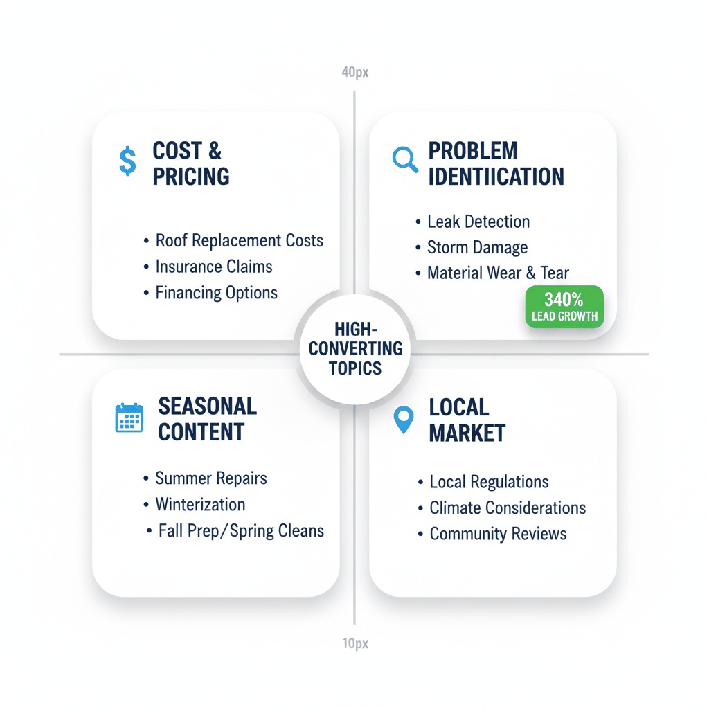 Four high-converting roofing blog content categories: cost pricing, problem identification, seasonal content, and local market topics