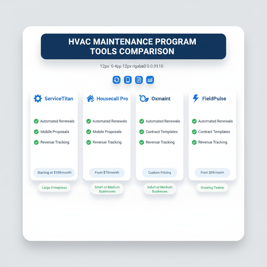 Best HVAC maintenance program tools comparison featuring ServiceTitan, Housecall Pro, Oxmaint and FieldPulse with pricing and features