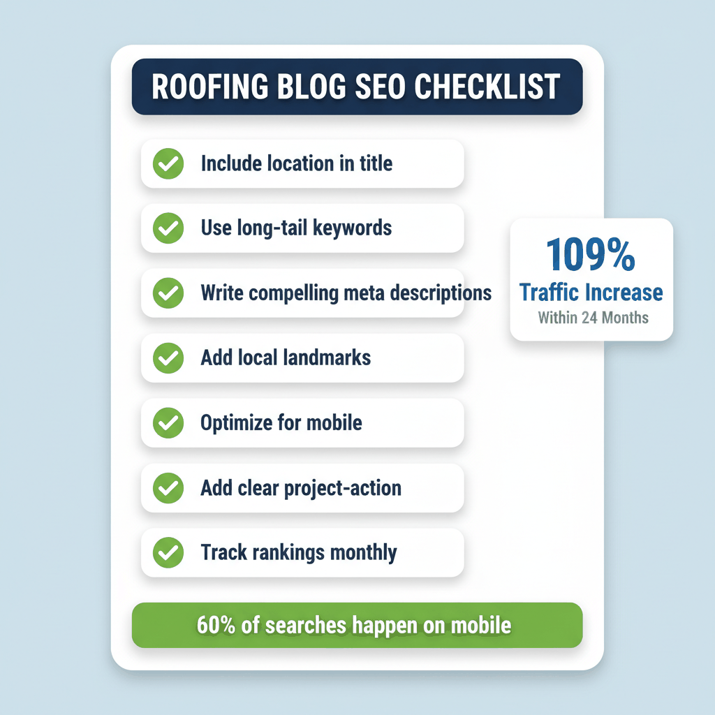 SEO optimization checklist for roofing blog content showing 8 essential steps and 109% traffic increase potential