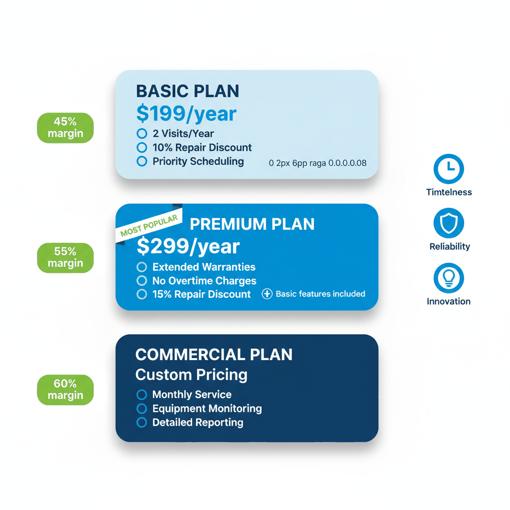 HVAC maintenance agreement pricing tiers showing Basic ($199), Premium ($299), and Commercial plans with profit margins up to 60%