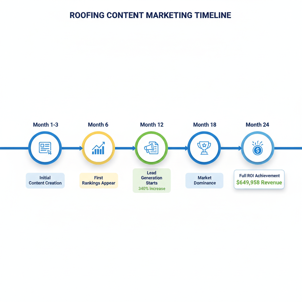 24-month roofing content marketing timeline showing progression from initial creation to $649,958 revenue generation