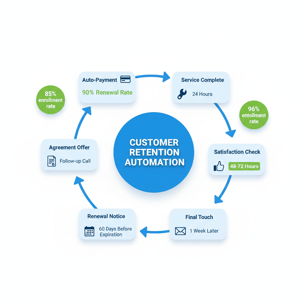 HVAC customer retention automation workflow showing 6-step follow-up system achieving 85% enrollment and 96% retention rates