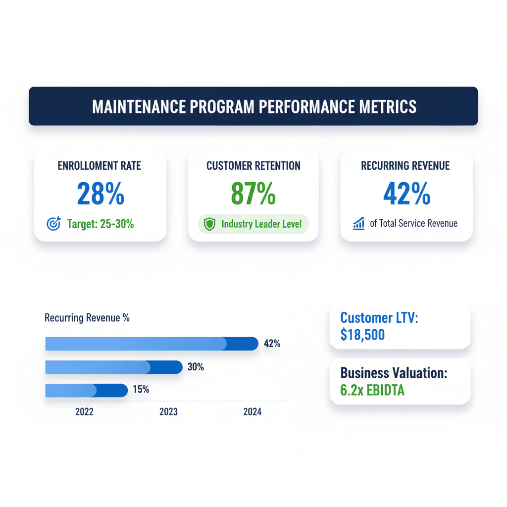 HVAC maintenance program success metrics dashboard showing 87% retention rate, 28% enrollment rate, and 42% recurring revenue growth