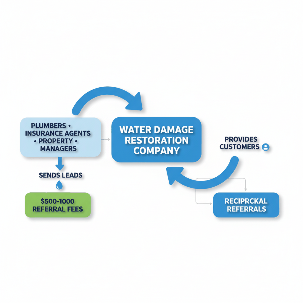 Two-sided referral system diagram showing mutual benefits between water damage restoration companies and referral partners - referral program structure