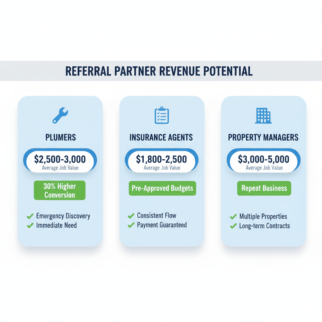 Revenue comparison chart showing average job values from plumbers, insurance agents, and property managers - water damage referral partner types