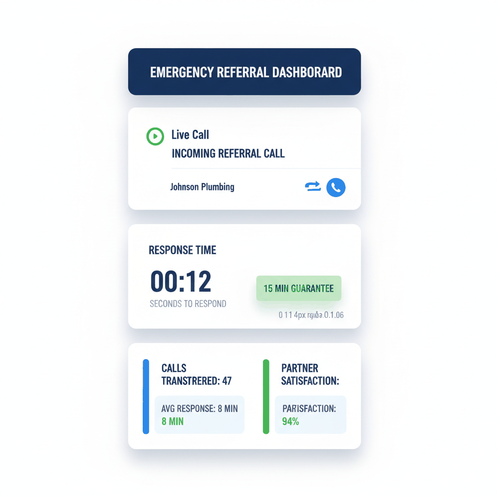Real-time response system dashboard showing live referral management and response time tracking - emergency restoration lead system