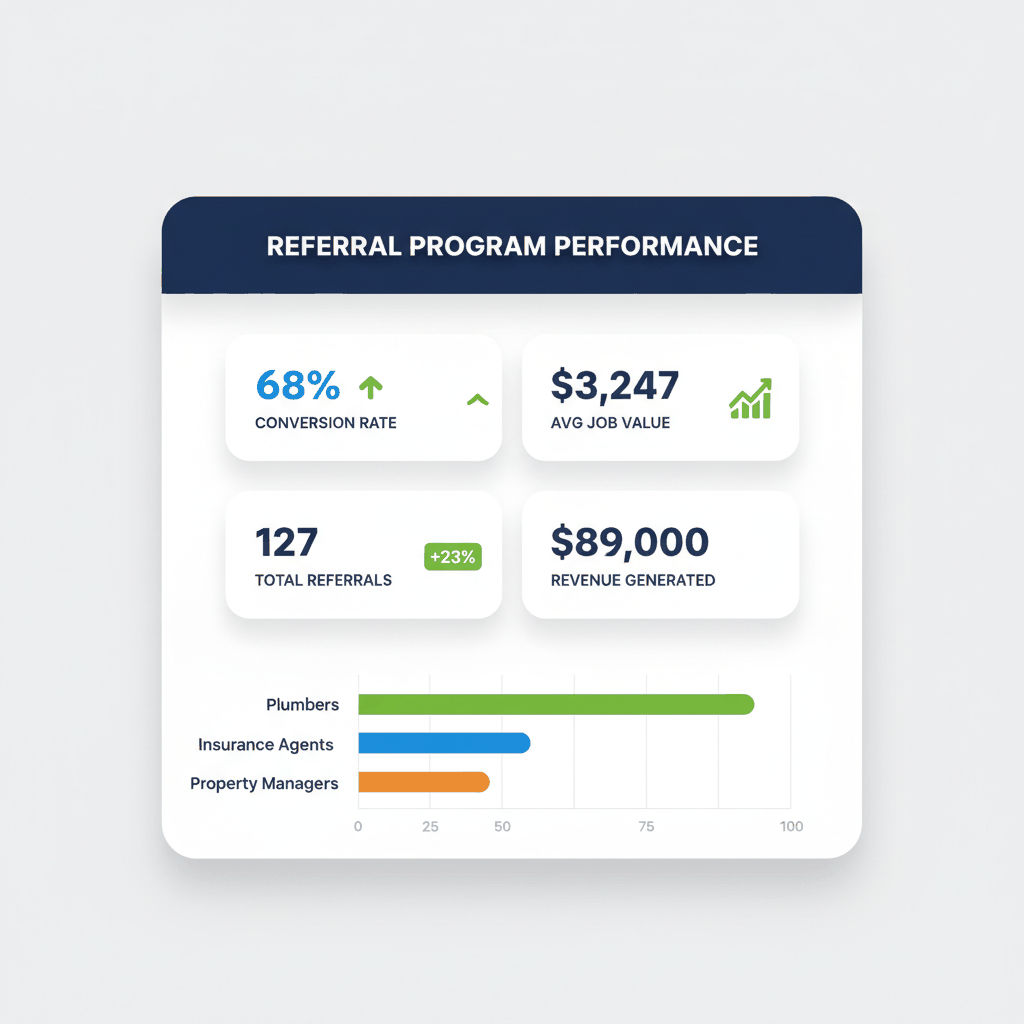 Referral program performance dashboard showing conversion rates, job values, and revenue tracking metrics - water damage restoration analytics