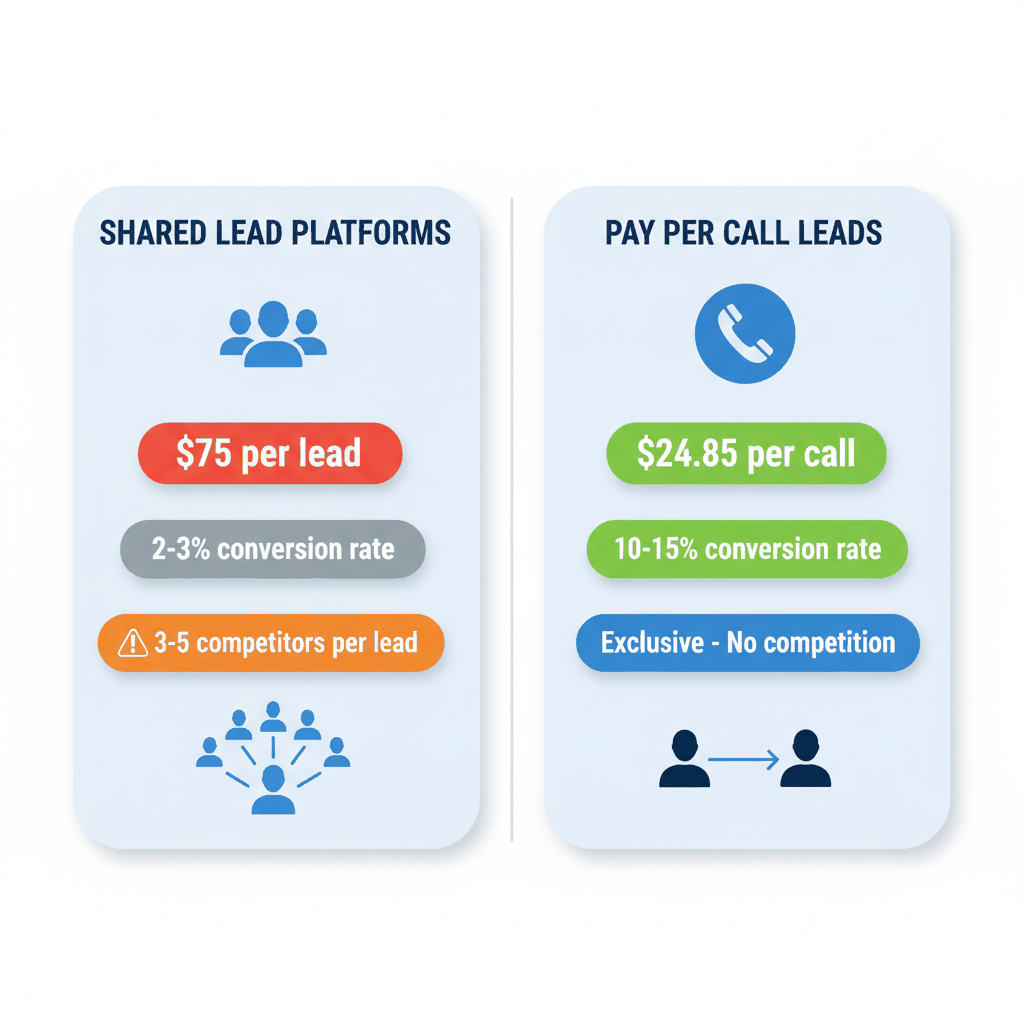 Pay per call vs shared leads conversion rate comparison showing exclusive leads convert 10-15% vs shared leads 2-3% - garage door repair lead generation