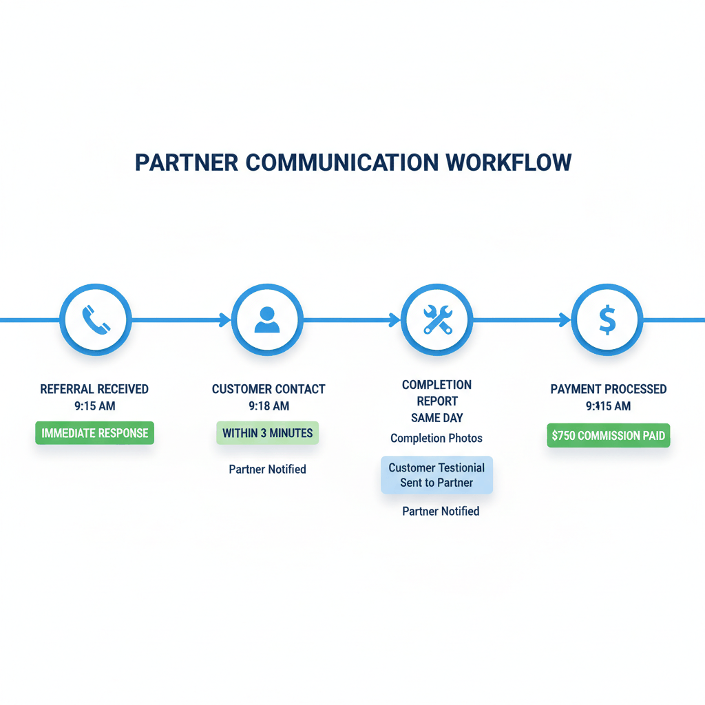 Partner communication timeline showing referral process from initial contact through commission payment - restoration referral workflow