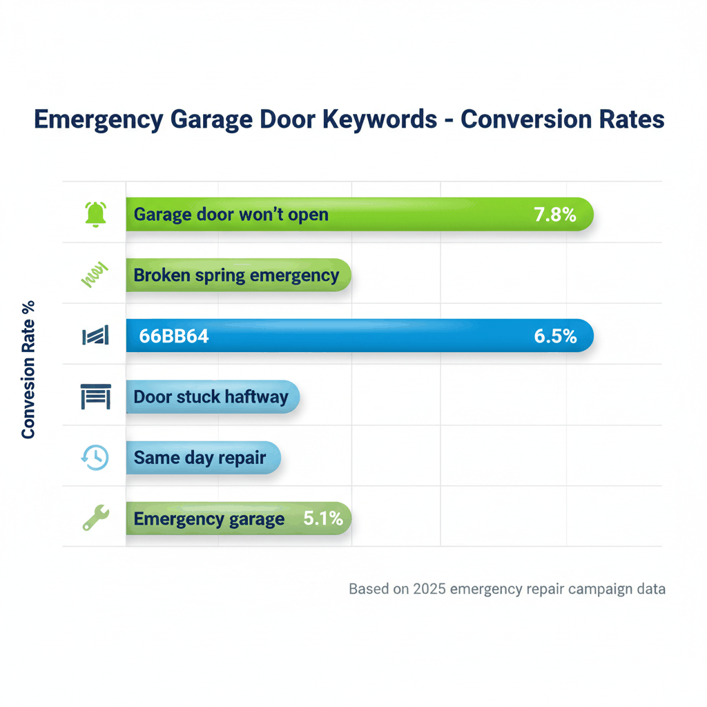 Emergency garage door repair keywords conversion rates chart showing 'won't open' converts at 7.8% - garage door lead generation keywords