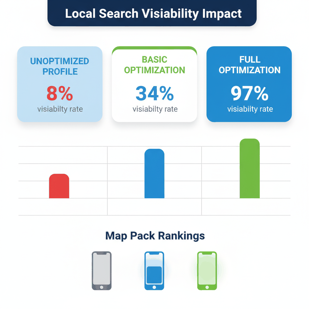 Local search visibility comparison showing 97% improvement with full Google Business Profile optimization for appliance repair