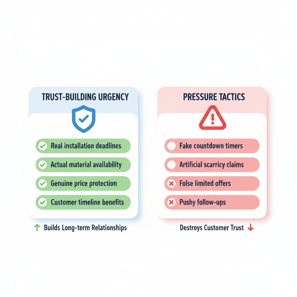Trust-building vs pressure tactics comparison chart for flooring sales showing ethical urgency strategies that build customer relationships versus manipulative tactics that destroy trust
