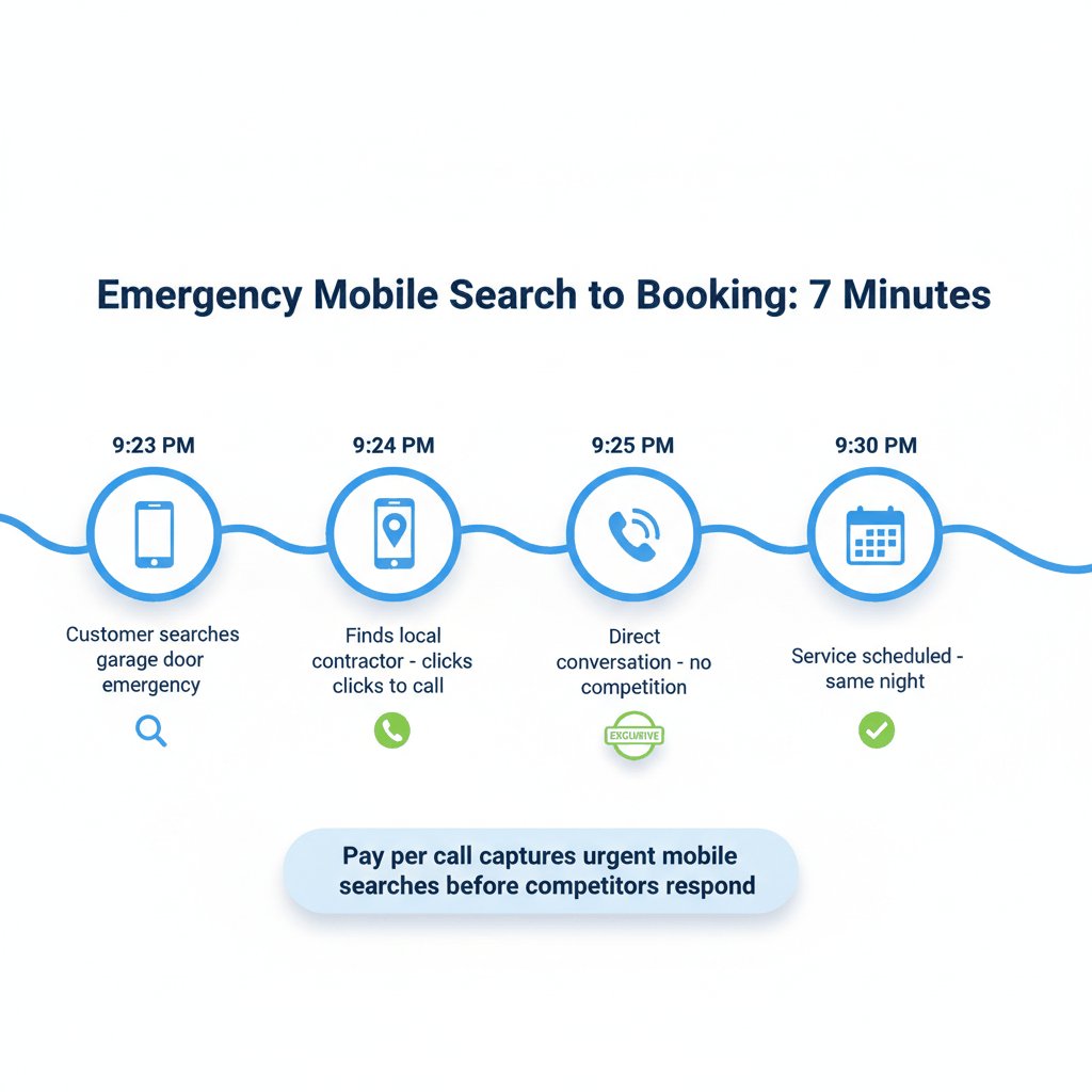 Mobile emergency garage door search journey from problem to scheduled repair in 7 minutes - pay per call mobile optimization