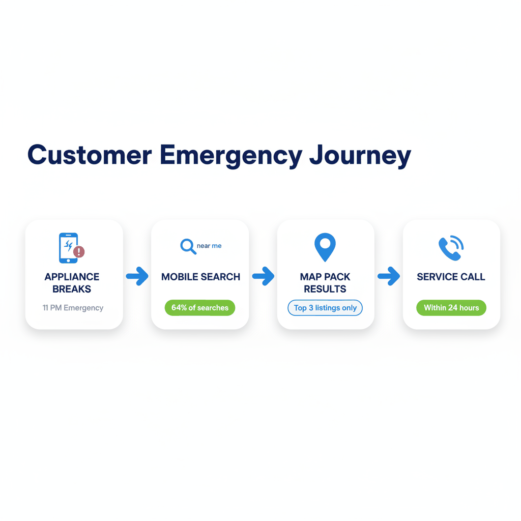 Mobile search customer journey from appliance emergency to service call showing importance of Google Business Profile optimization