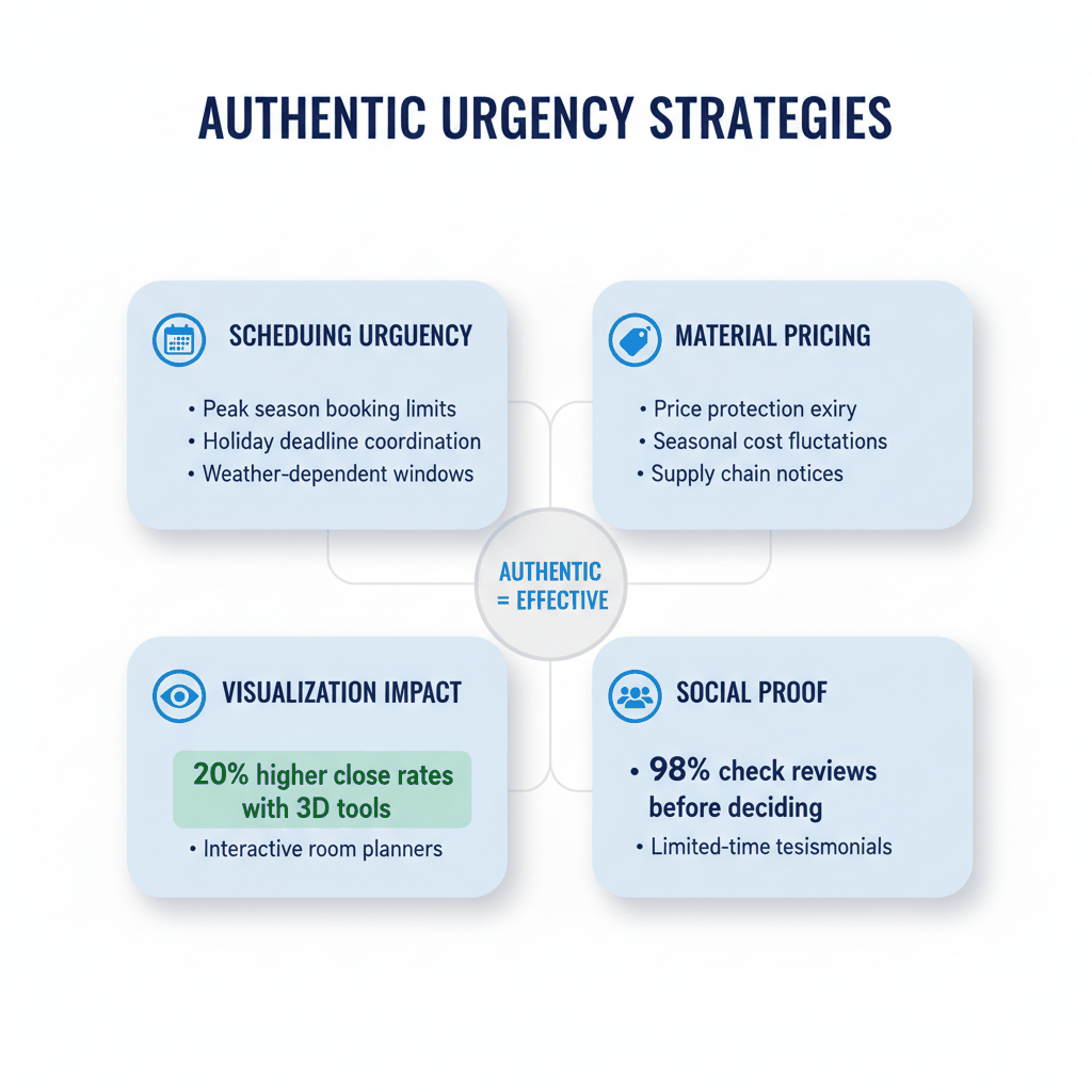 Four authentic urgency strategies for flooring sales including scheduling deadlines, material pricing, visualization tools, and social proof tactics with effectiveness statistics