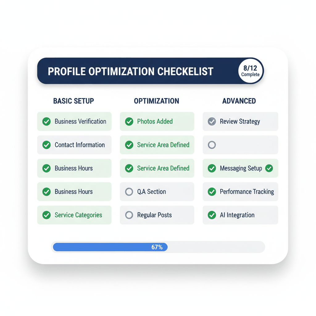 Google Business Profile optimization checklist showing 8 of 12 completed tasks for appliance repair businesses