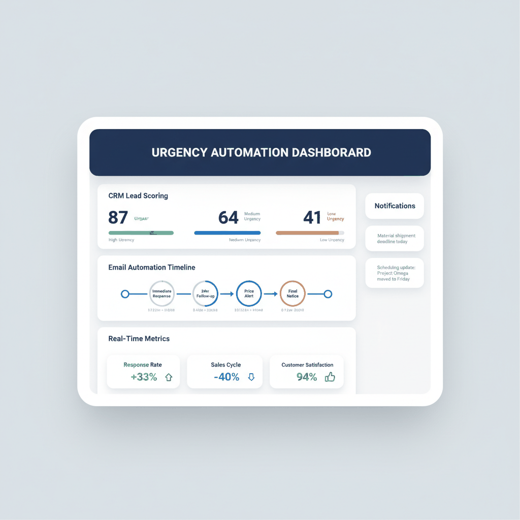 Digital dashboard showing CRM lead scoring, email automation, and urgency metrics for flooring contractors with response rate improvements and customer satisfaction scores