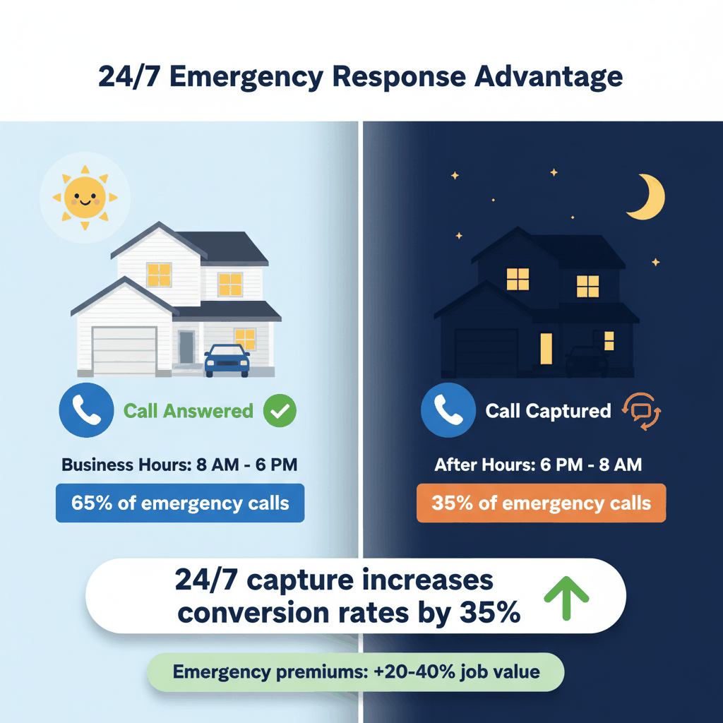 24/7 emergency garage door call capture system showing after-hours leads increase conversion rates 35% - pay per call benefits