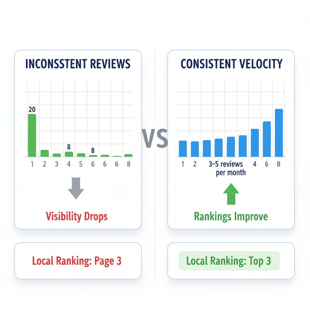 Review velocity comparison showing consistent monthly reviews outperform sporadic large review campaigns for appliance repair SEO
