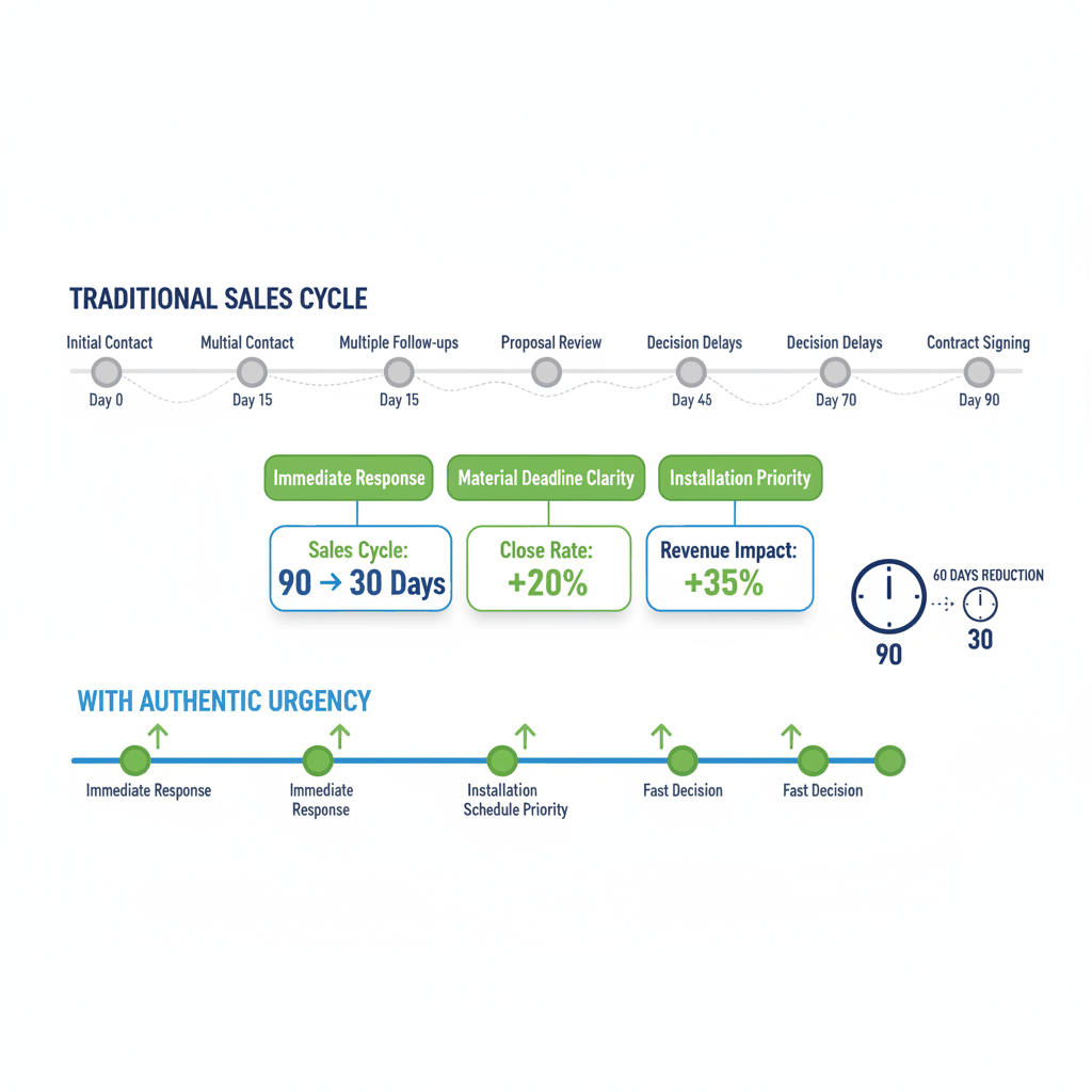 Before and after sales cycle comparison showing how authentic urgency reduces flooring sales timeline from 90 to 30 days with improved close rates and revenue impact