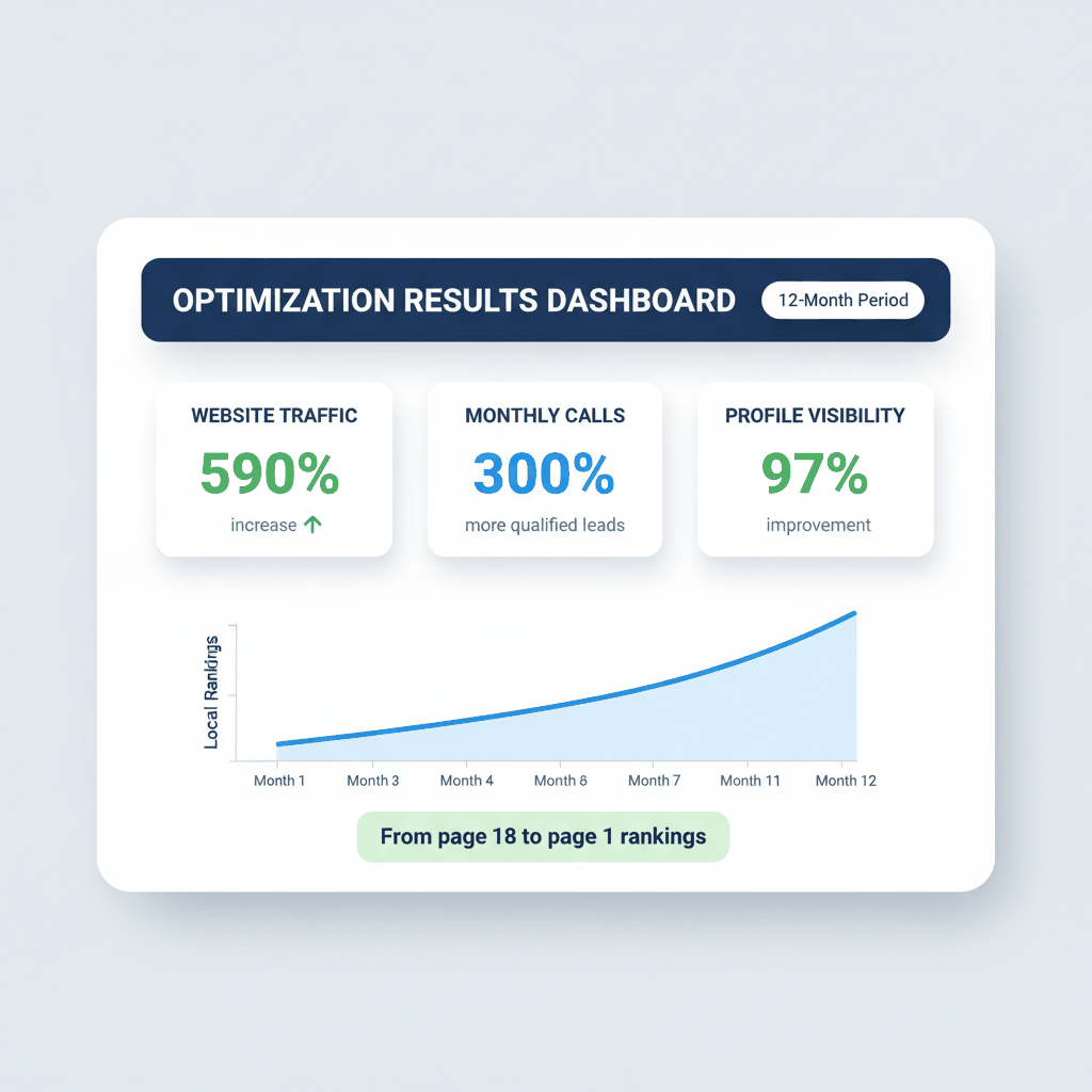Performance dashboard showing 590% traffic increase and 300% more calls from Google Business Profile optimization for appliance repair